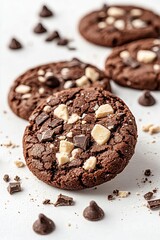 Fototapeta premium Mouthwatering Chocolate Crumbs and Chips of Homemade Cookies on White Background