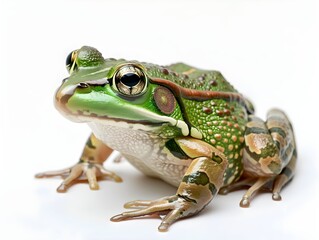 Fototapeta premium Close-up of a vibrant green frog perched on a surface, showcasing intricate patterns and details