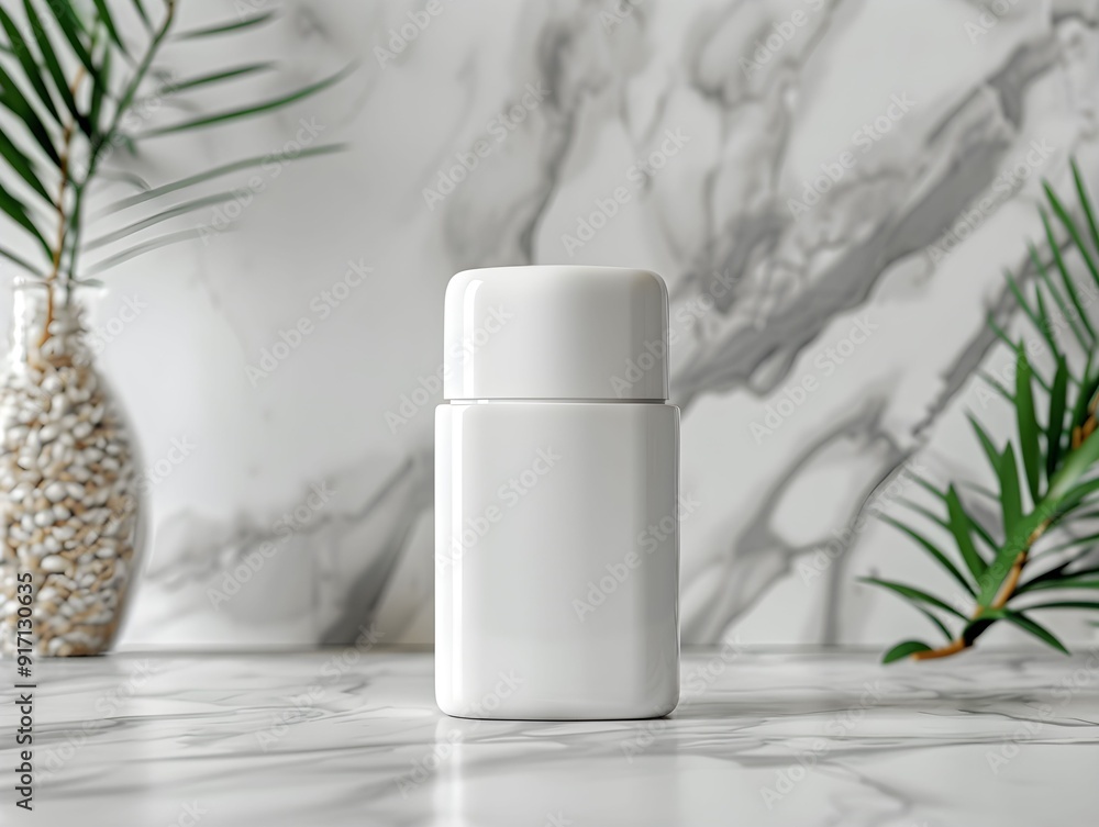 Poster minimalist white container on a marble surface with greenery in a modern setting