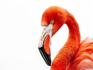 A close-up of a vibrant orange flamingo with a delicate neck against a white background
