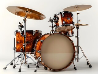 A wooden drum set with shining cymbals in a well-lit studio setting