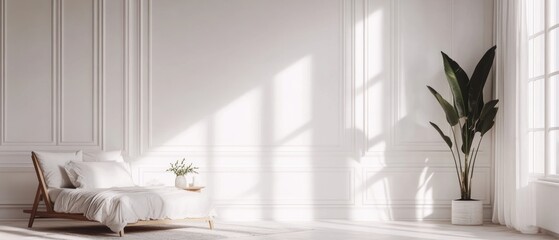 White home bedroom interior with bed and lounge zone, window. Mockup frame
