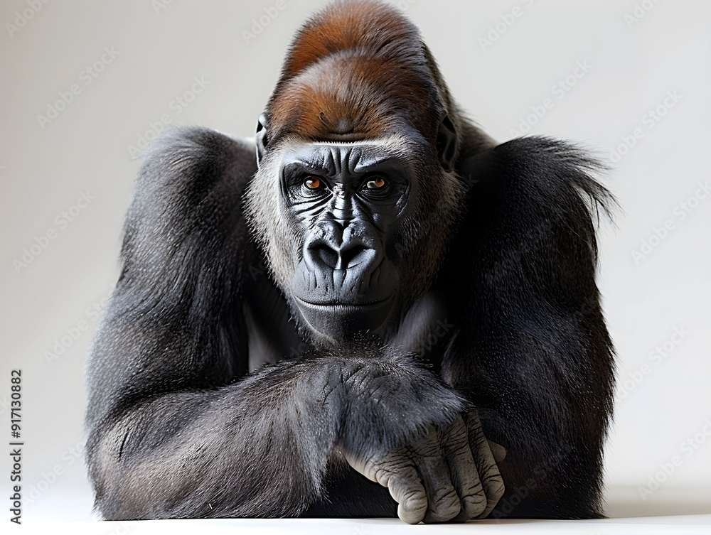 Poster a majestic gorilla resting its chin on its hands, showcasing its powerful build and expressive featu