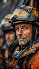 Naklejka premium A man in a yellow helmet and orange jacket is smiling