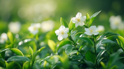 botanical tea gardens, jasmine blooms swaying in the breeze, their sweet scent mixing with the earthy aroma of green tea leaves, creating a peaceful ambiance