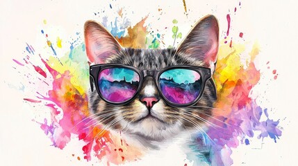 A stylish cat wearing sunglasses surrounded by vibrant colors, perfect for pet lovers and art enthusiasts.
