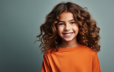 Fototapeta premium A young girl with curly hair is smiling and wearing an orange shirt. She looks happy and confident