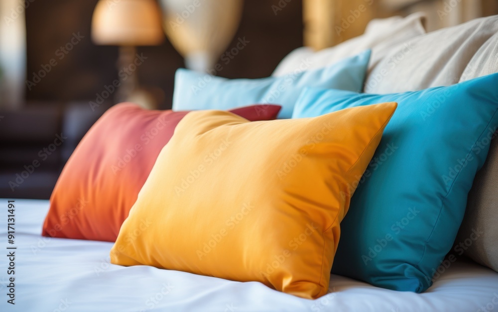 Poster a bed with three colorful pillows, one of which is orange. the pillows are arranged in a way that cr