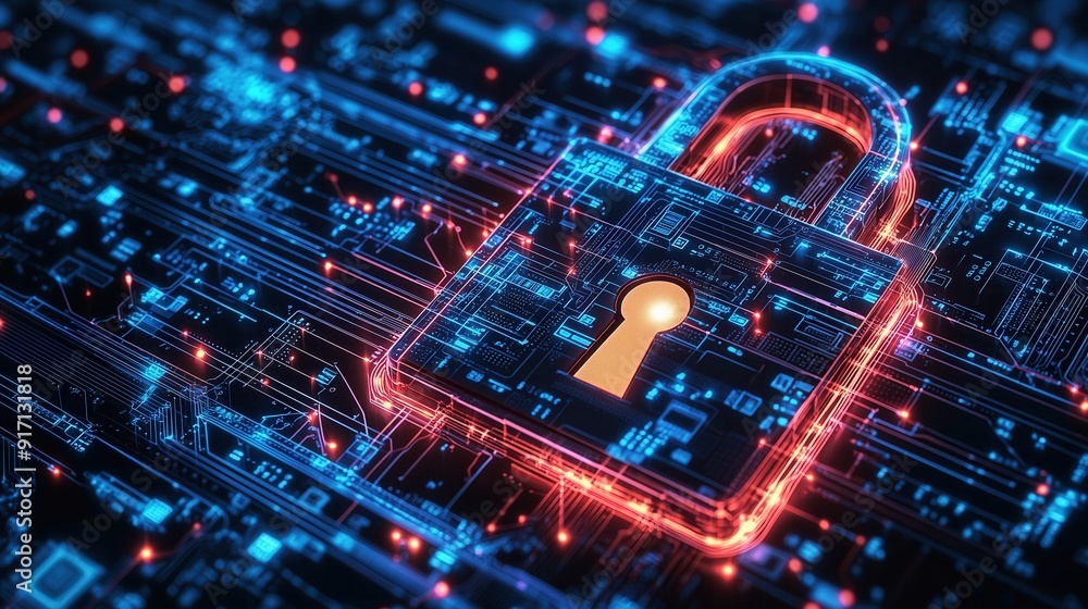 Poster a digital lock symbolizing cybersecurity, encapsulated in a vibrant network of glowing circuitry and