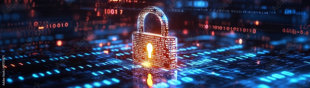 Poster a digital padlock symbolizing cybersecurity protection amidst a backdrop of data streams and glowing