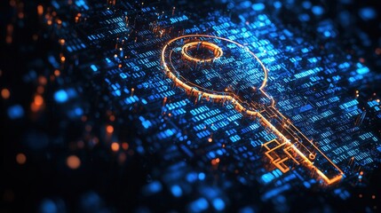 A glowing digital key represents data security and encryption in a high-tech environment with binary code.