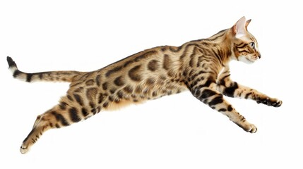 Obraz premium A muscular Bengal cat mid-leap, with its powerful body stretched out against a white background. 