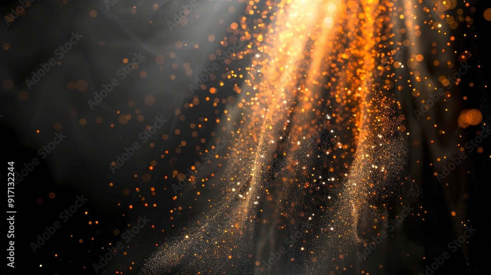 Poster abstract image of golden dust particles floating in a dark space. beautiful effect created with soft