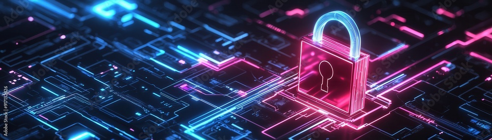 Poster a vibrant digital lock symbolizing cybersecurity on a futuristic circuit board background, represent