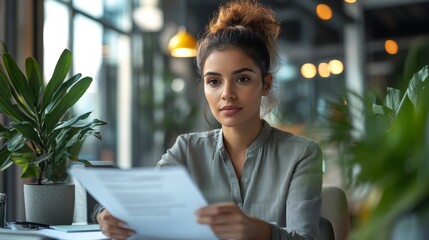 modern hr office, a middle eastern hr coordinator organizing employee evaluations in a well-lit office with modern decor, plants, and a minimalist layout for text integration
