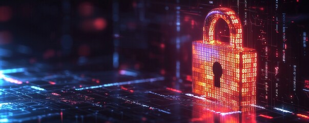 A vibrant digital padlock symbolizing cybersecurity and data protection amidst a glowing technological background.