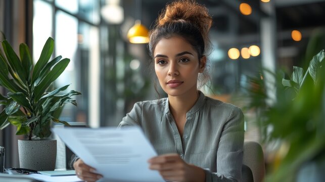 modern hr office, a middle eastern hr coordinator organizing employee evaluations in a well-lit office with modern decor, plants, and a minimalist layout for text integration
