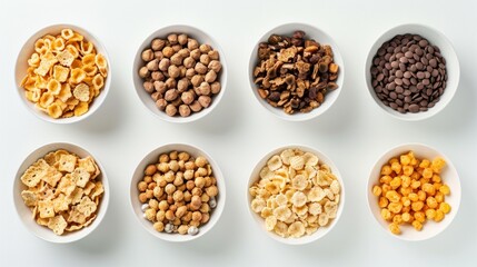 Fototapeta premium A selection of breakfast cereals in individual bowls, ranging from classic cornflakes to whole grain clusters. 