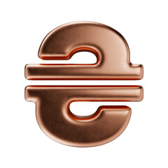 UAH. Ukrainian hryvna sign in metal isolated on a transparent background. 3d render. Copper hryvna icon with a matte texture.