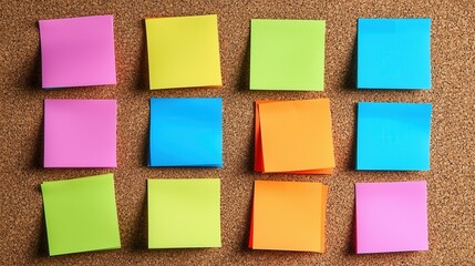 Colorful sticky notes arranged on a corkboard, perfect for organization, reminders, and creative brainstorming.