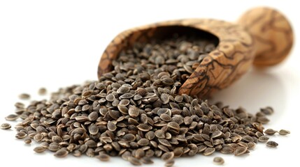 Organic hemp seeds in a natural wooden scoop on a white background for purity and health benefits