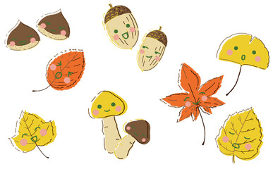 秋のかわいいキャラクターイラストセット 秋の味覚 秋のイラスト素材