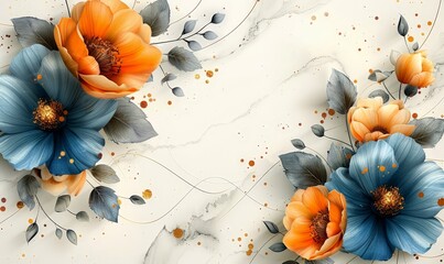 A sophisticated wedding invitation card with a pastel-colored floral frame, gold lines, and marble abstract design, offering plenty of blank space