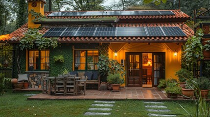 Fototapeta premium Eco-Friendly Home: An eco-friendly home with solar panels, a lush garden, and sustainable living practices. The emphasis on green living and environmental responsibility is clear. 
