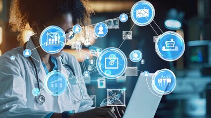 A doctor is typing on a laptop with a screen displaying a complex network of interconnected icons. Concept of a busy and technologically advanced medical environment. - Powered by Adobe