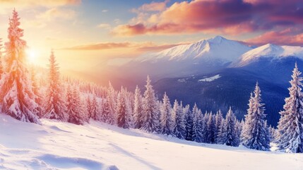 Breathtaking Winter Sunrise Illuminates Majestic Mountain Landscape with Snow-Covered Peaks and Serene Beauty