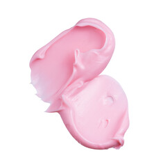 Swatch texture of pink cream or clay, kaolin or lipstick cosmetic mask for face and body on a isolated white background. Drop smear.