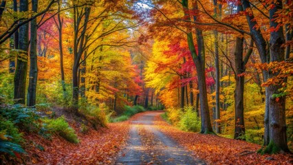 Obraz premium Autumn Path Through Golden Canopy, Forest, Landscape, Nature, Fall