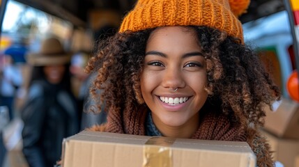 Cheerful delivery woman holding parcel by open van, symbolizing efficient service