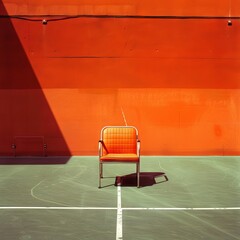 Same picture of old money tennis court with a desginer chair and orange, minimalistic but from another perspective