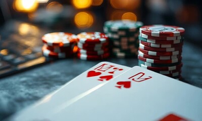 Hyper realistic casino gambling with playing card chips and dice golden coins casino background