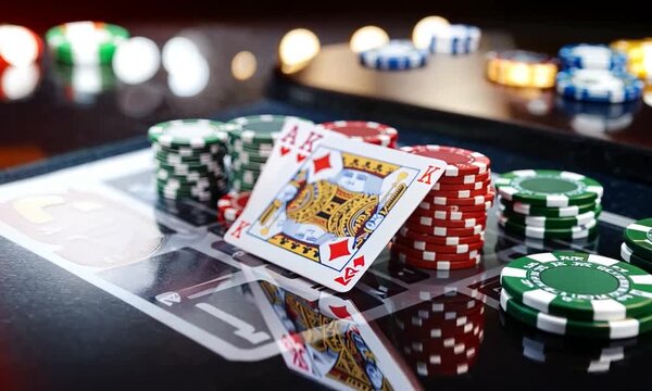 Hyper realistic casino gambling with playing card chips and dice golden coins casino background