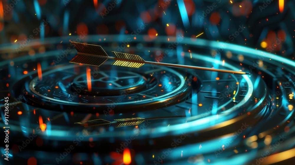Poster imagine a 3d arrow piercing through a target. describe the dynamic elements that convey motion and p