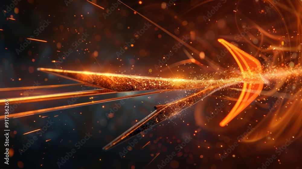 Poster imagine a 3d arrow piercing through a target. describe the dynamic elements that convey motion and p