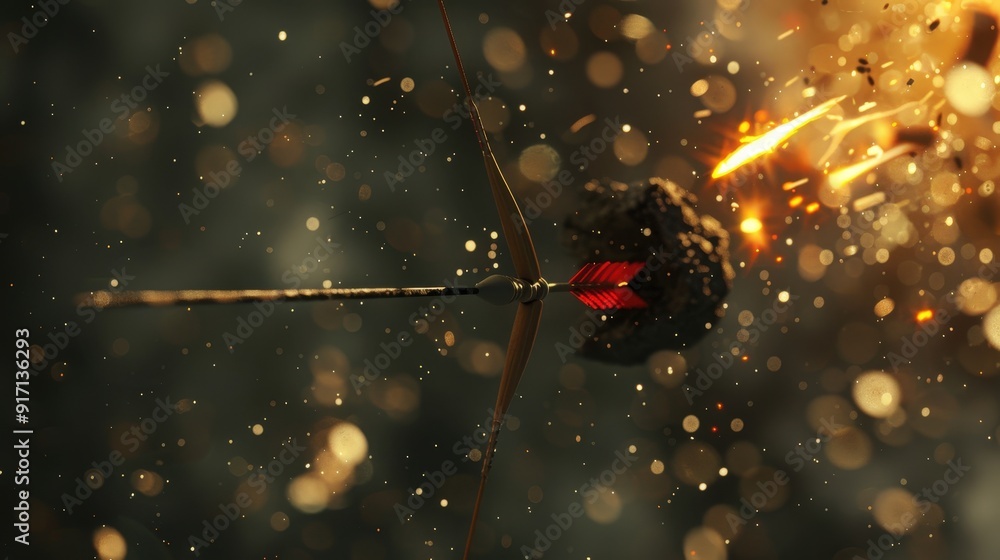 Poster Imagine a 3D arrow piercing through a target. Describe the dynamic elements that convey motion and precision
