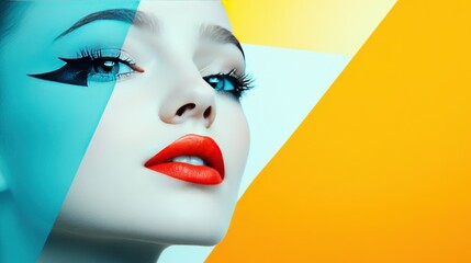 Close up of a woman's face with bright red lips and bold eyeliner on a colorful abstract background.