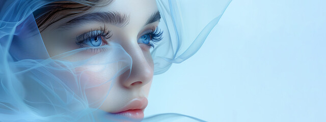 Portrait of a girl. Side profile of a woman's face with flowing hair, space for text, ideal for cosmetics and beauty salons. Face, hair, and abstract blue background. Place for advertising.