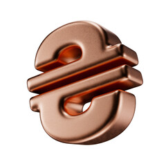 UAH. Ukrainian hryvna sign in metal isolated on a transparent background. 3d render. Copper hryvna icon with a matte texture.