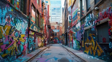 Fototapeta premium Explore the vibrant world of street art. Describe a bustling cityscape where every wall and alleyway is adorned with colorful murals and graffiti.