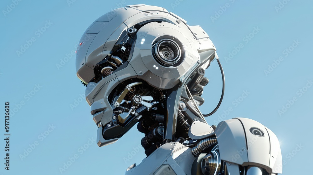Poster imagine a 3d model of a sci-fi robot. describe the design, capabilities, and futuristic features tha