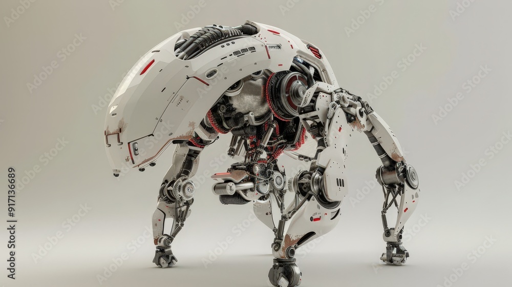 Poster imagine a 3d model of a sci-fi robot. describe the design, capabilities, and futuristic features tha
