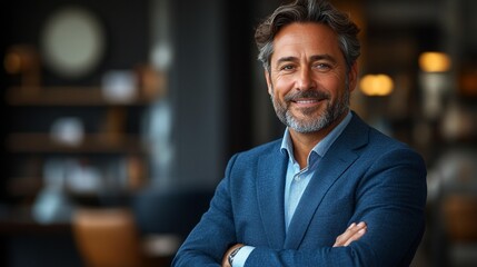 Fototapeta premium Middle-Aged Business Executive in Blue Suit, Proud and Confident in Office Setting - Generative AI