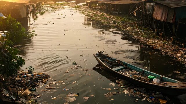 Polluted Waterway with a Moored Boat