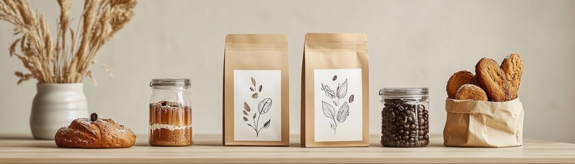 artisan coffee bag design, handdrawn bakery elements, minimalistic packaging style, natural color palette