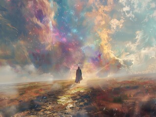Fototapeta premium Person walking towards a colorful sky.