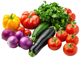 A colorful assortment of fresh vegetables including tomatoes, bell peppers, eggplant, and greens, perfect for healthy cooking.